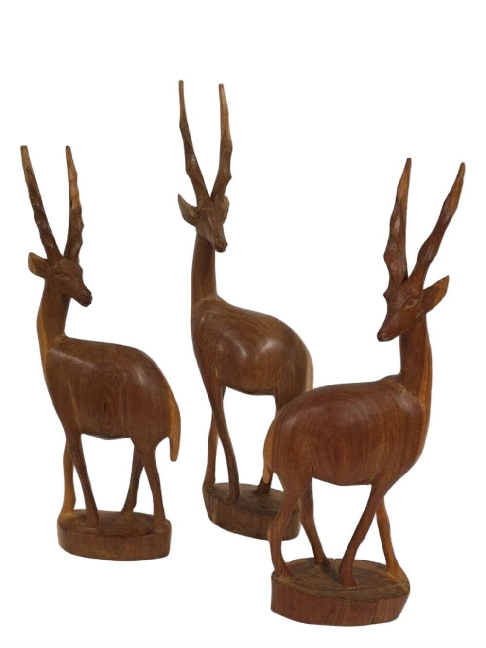 Vintage Mid-Century Hand-Carved Wooden Antelope Deer Statues - Set Of (3)